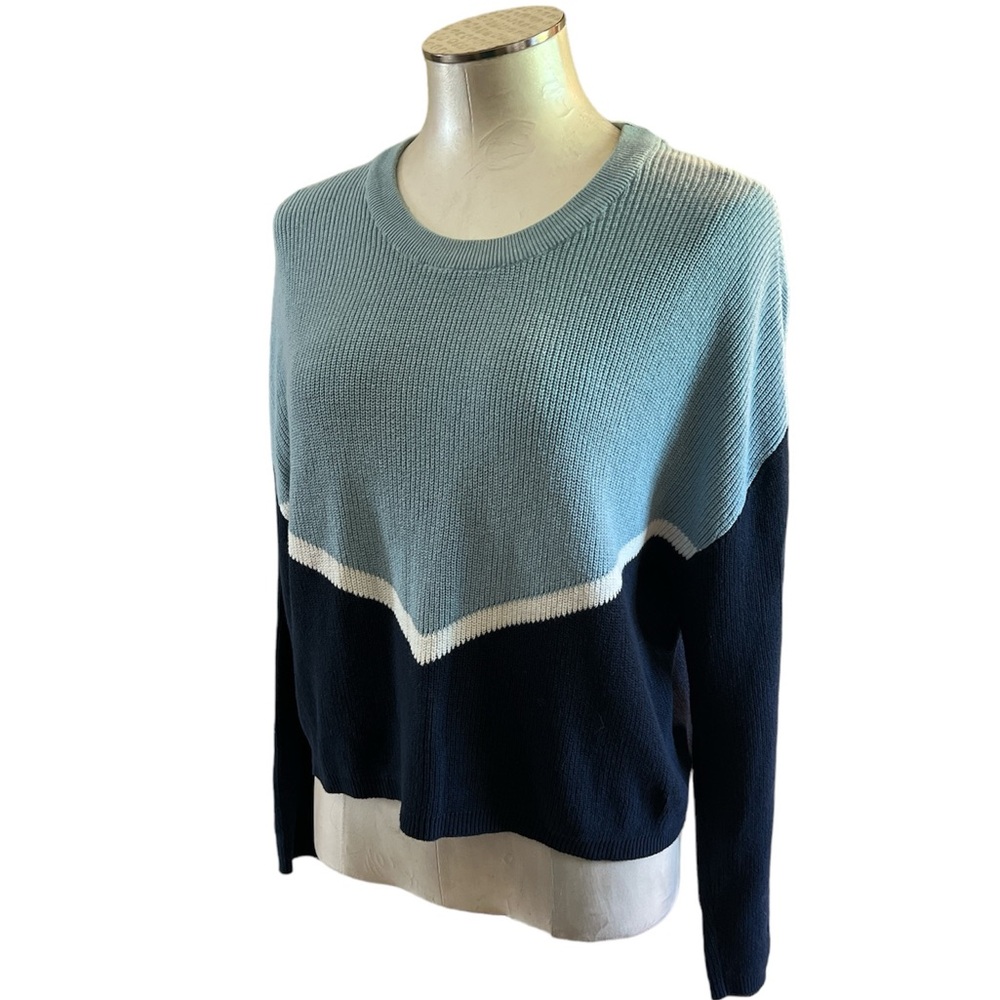 Pull & Bear Colorblock Knit Sweater Long Sleeve Round Neck Blue Navy White Large